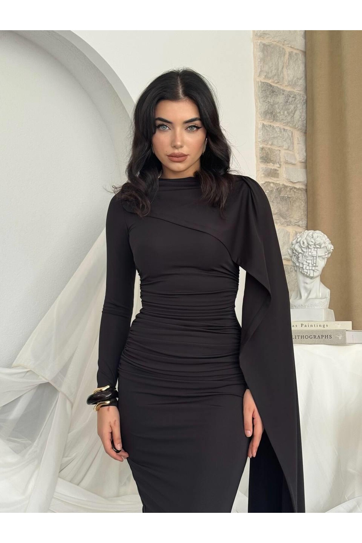 Orlean Şal Kol Detaylı Elbise