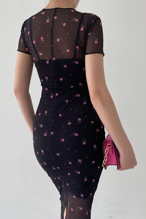 Alexandra Küçük Çiçek Detaylı Kısa KolluTül Elbise