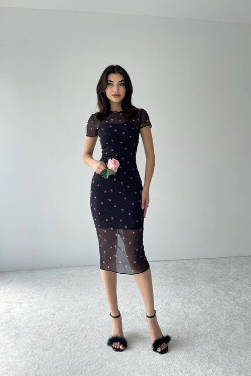 Alexandra Küçük Çiçek Detaylı Kısa KolluTül Elbise