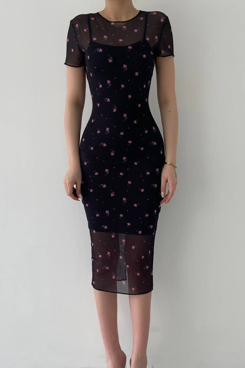 Alexandra Küçük Çiçek Detaylı Kısa KolluTül Elbise