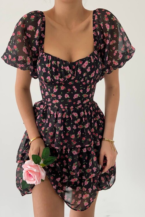 Wedney Black Floral Mini Dress