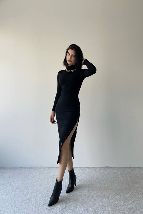 Milly Düğme Detay Yırtmaçlı Elbise