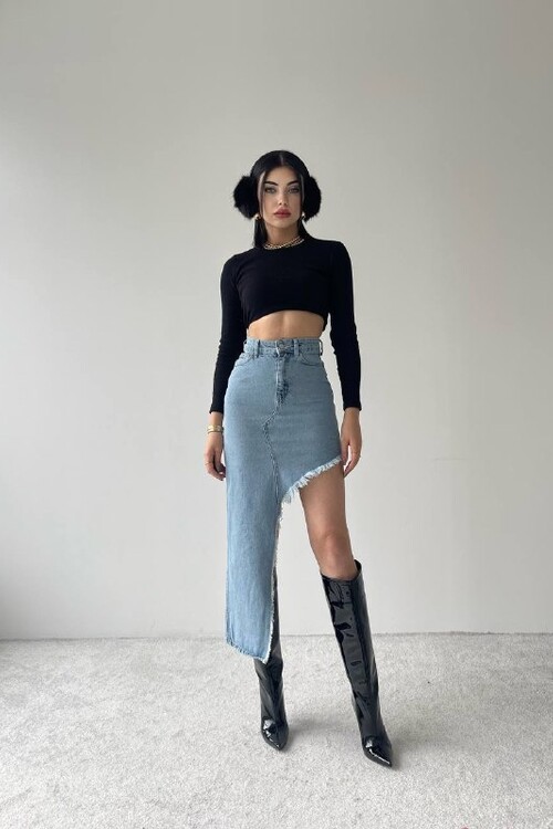 Flare Çapraz Yırtmaçlı Kot Etek