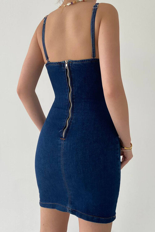 Taylor Askılı Jean Mini Elbise