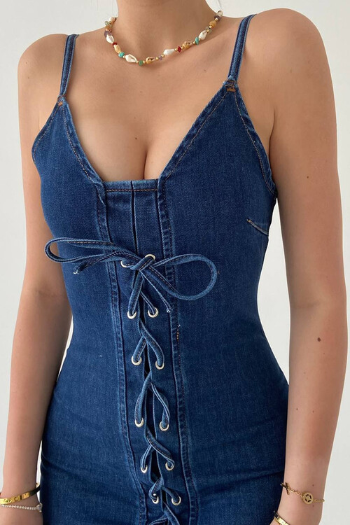 Taylor Askılı Jean Mini Elbise