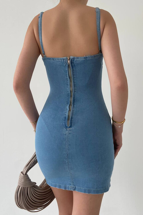 Taylor Askılı Jean Mini Elbise