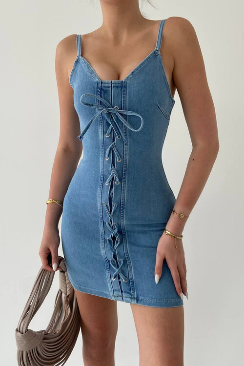 Taylor Askılı Jean Mini Elbise