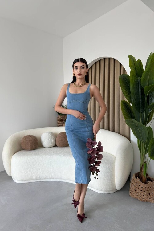 Edina Jean Askılı Midi Elbise