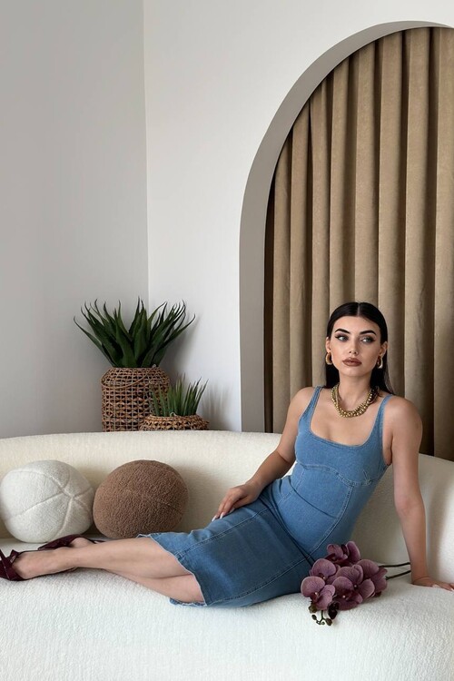 Edina Jean Askılı Midi Elbise