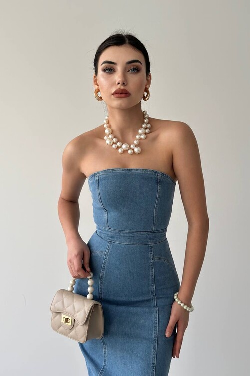 Jena Strapless Midi Length Denim Dress