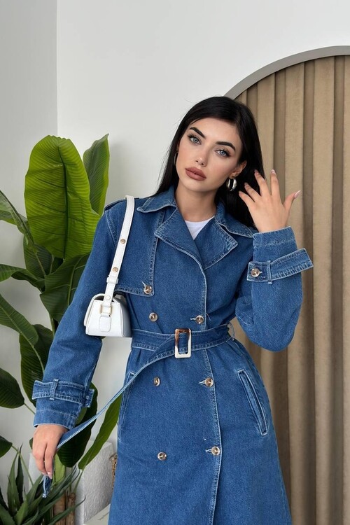 Long Denim Jacket with India Belt