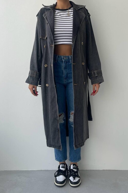 İndia Kemerli Uzun Kot Ceket