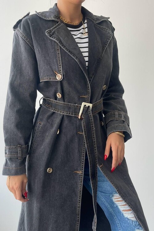 İndia Kemerli Uzun Kot Ceket