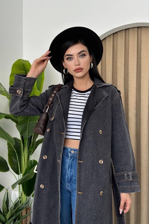 İndia Kemerli Uzun Kot Ceket