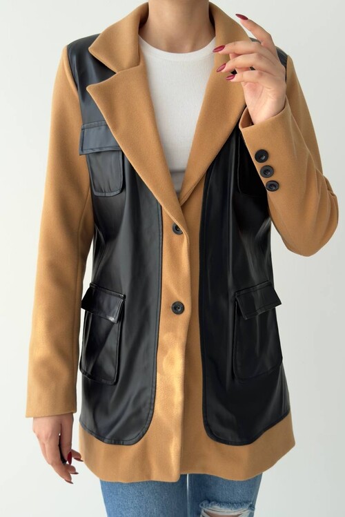 Khaki Deri Detaylı Ceket