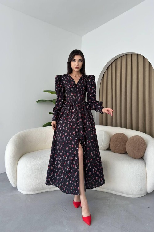 Cery Çicekli Uzun Elbise