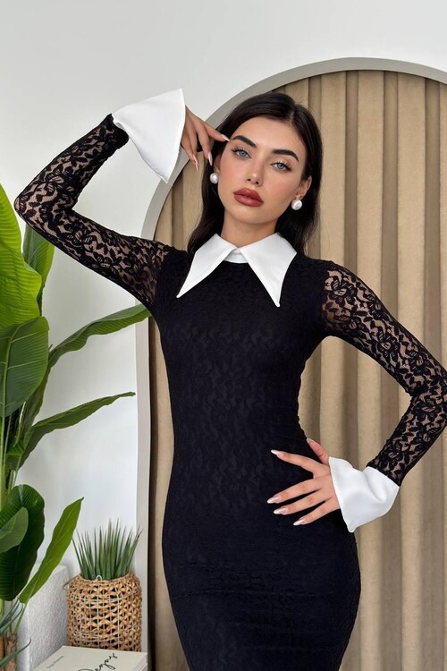 Jadora Büyük Yaka Dantelli Elbise