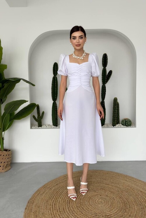 Kare Yaka Düğmeli Elbise