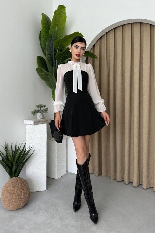 Laval Bağlamalı Yaka Elbise