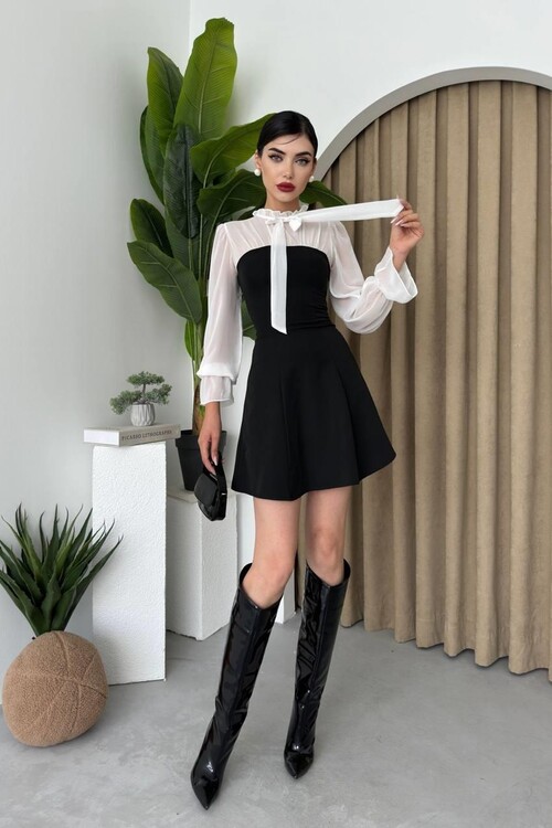 Laval Bağlamalı Yaka Elbise