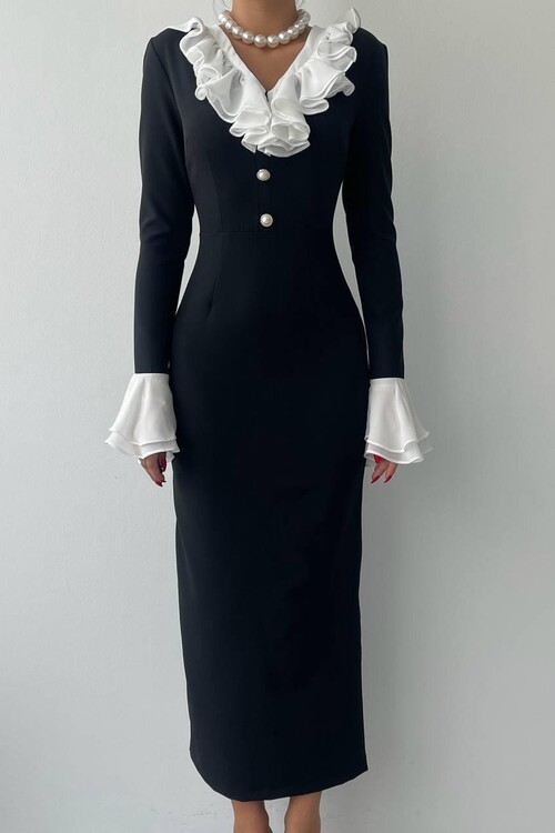 Liplan Yaka Fırfırlı Midi Boy Elbise