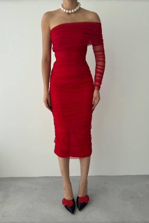 Polack Tek Omuz Tül Elbise