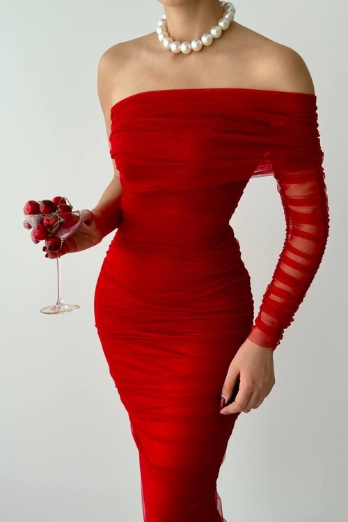 Polack Tek Omuz Tül Elbise