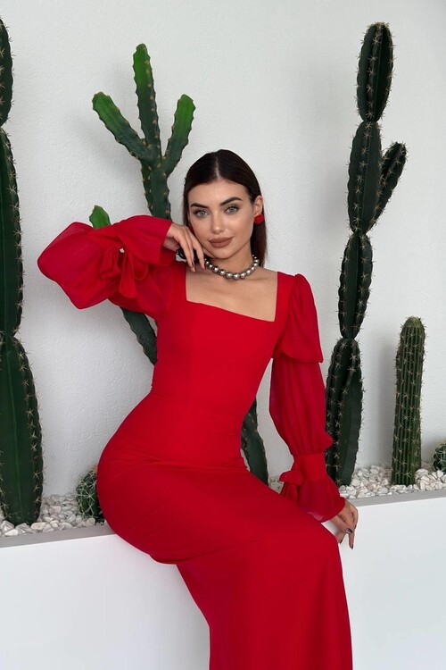 Hare Kolları Fırfır Detaylı Elbise