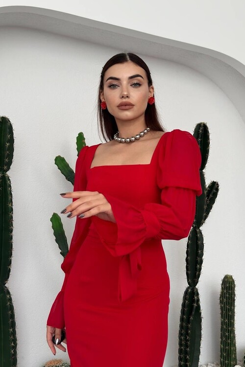 Hare Kolları Fırfır Detaylı Elbise