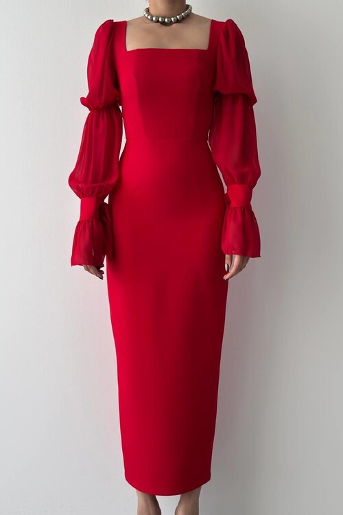 Hare Kolları Fırfır Detaylı Elbise