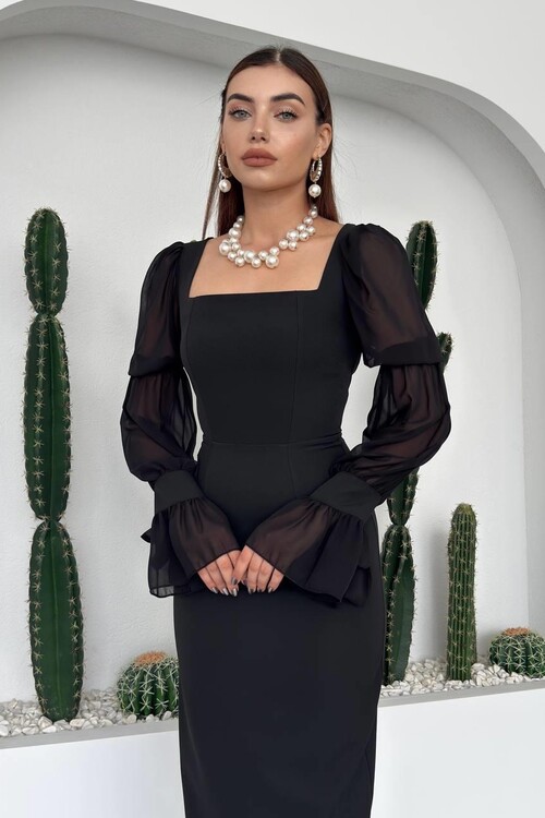 Hare Kolları Fırfır Detaylı Elbise