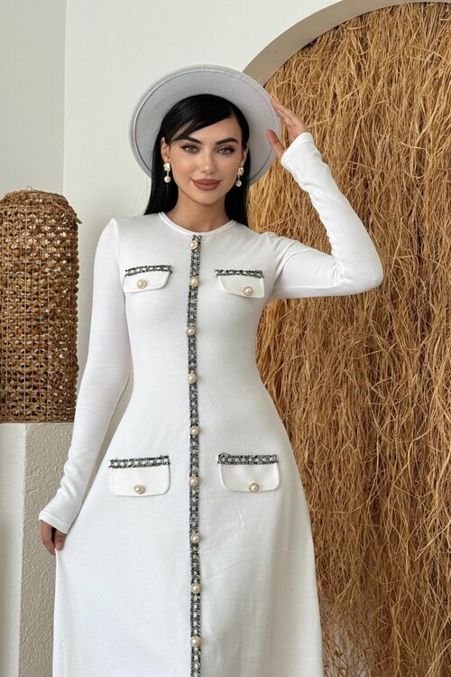 Orla Düğme Detaylı Elbise