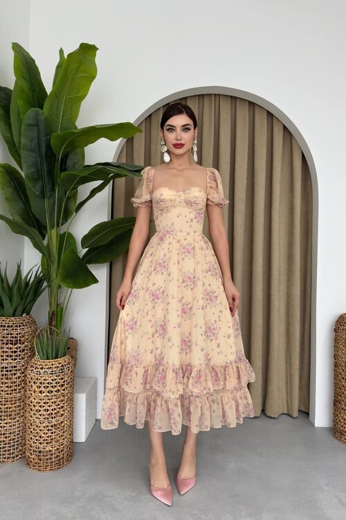 ŞİFON KUMAŞ DİJİTAL DESEN BASKILI ELBİSE