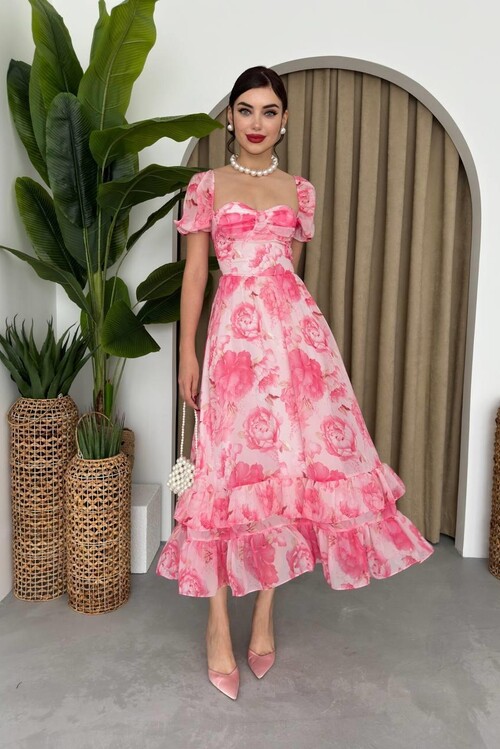 ŞİFON KUMAŞ DİJİTAL DESEN BASKILI ELBİSE