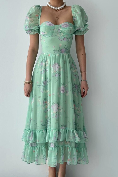 ŞİFON KUMAŞ DİJİTAL DESEN BASKILI ELBİSE