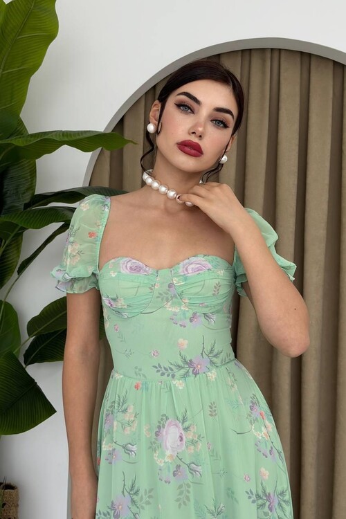 ŞİFON KUMAŞ DİJİTAL DESEN BASKILI ELBİSE