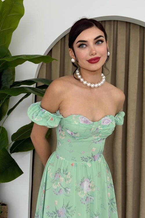 ŞİFON KUMAŞ DİJİTAL DESEN BASKILI ELBİSE