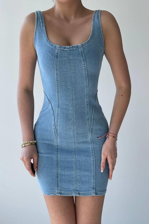 Zippe Detaylı Denim Elbise