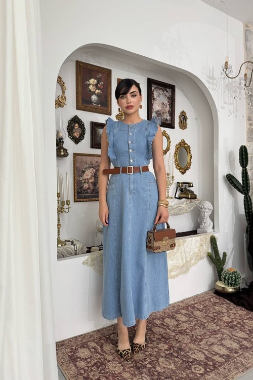 Hulse Cep Detaylı Denim Elbise