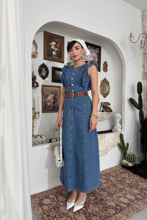 Hulse Cep Detaylı Denim Elbise