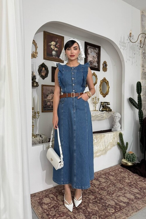 Hulse Cep Detaylı Denim Elbise