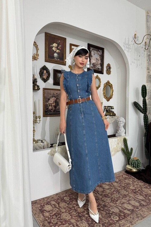Hulse Cep Detaylı Denim Elbise