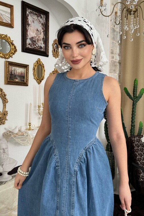 Jere Sırt Dekolte Detaylı Denim Elbise