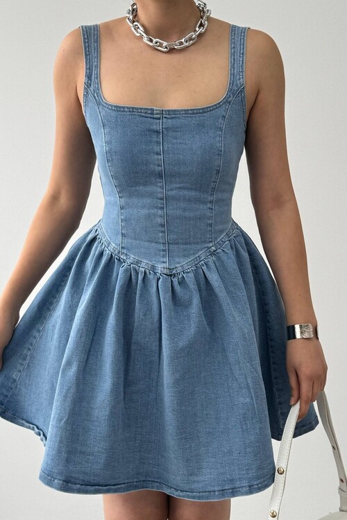 Rez Fiyonk Detaylı Denım Elbise