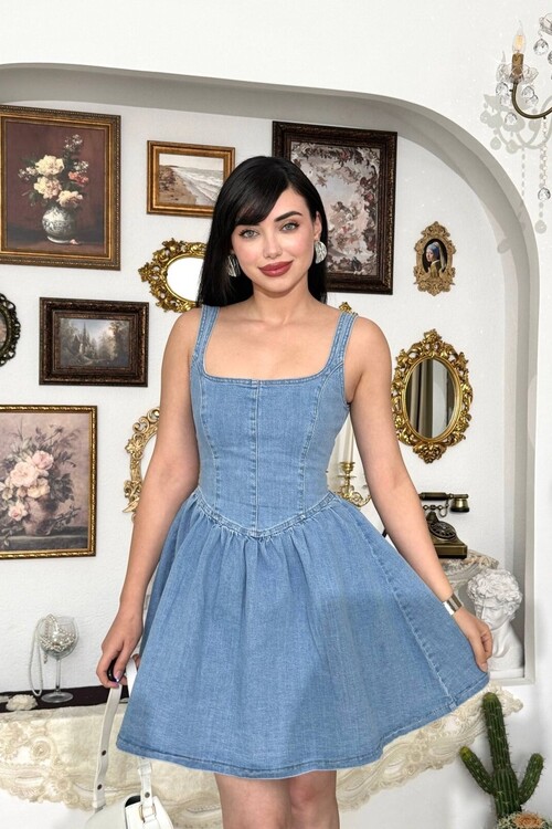 Rez Fiyonk Detaylı Denım Elbise