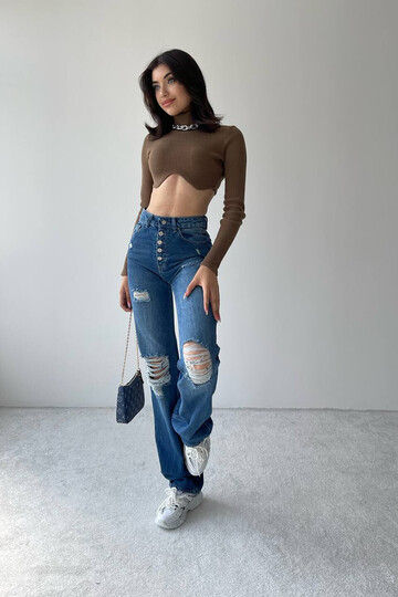 Ripped Detailed Wide Leg Trousers