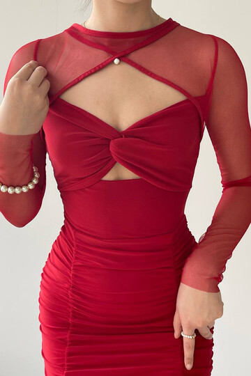 Tofi Sleeves Tulle Detailed Draped Dress