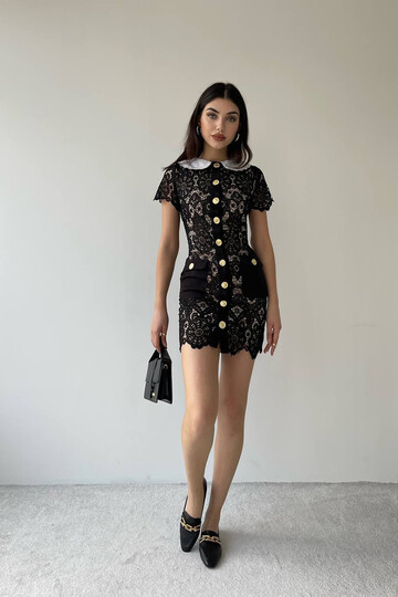 Nathalie Black Guipure Detailed Mini Dress