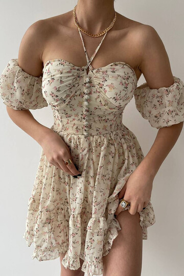 Balon kollu çiçekli elbise