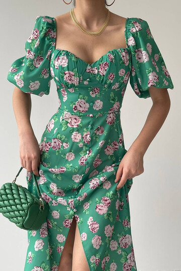 Yeşil Çiçekli Elbise